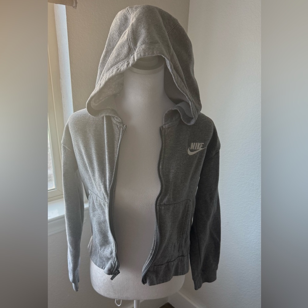 Nike Gray Zip Up Hoodie Size L Youth Fleece Lined Sweatshirt Girls